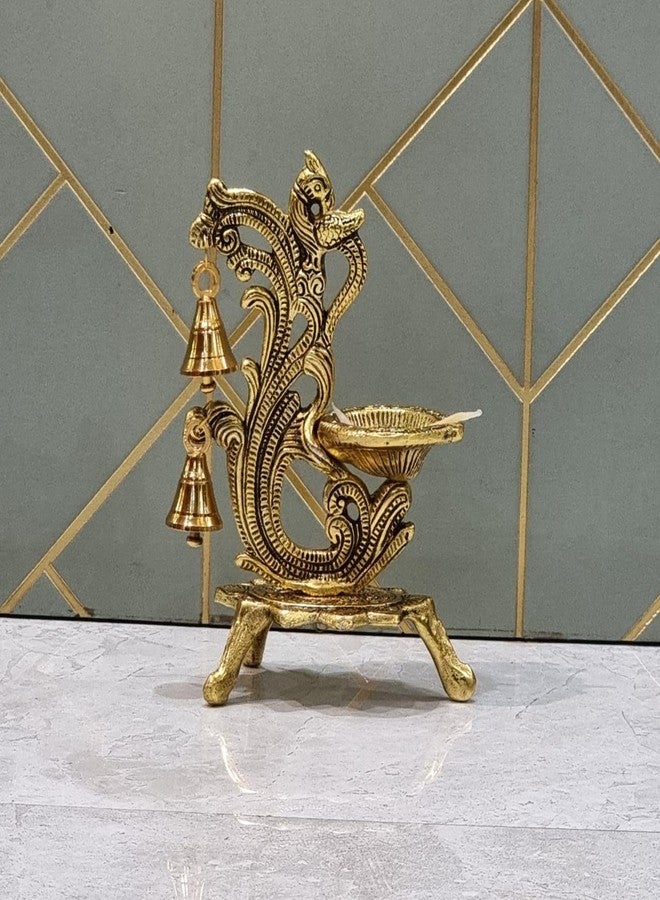 IMAGICART Metal Oxidised Peacock Diya for Puja Room/Home Temple Decor | Brass Antique Oil Lamp with Bell | Best Diwali, Wedding, Anniversary Return Gift | Gold (Set of 1) - Image 3